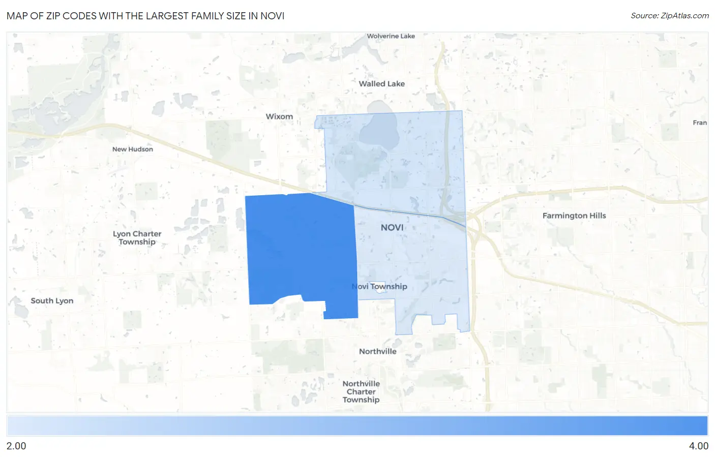 Zip Codes with the Largest Family Size in Novi Map