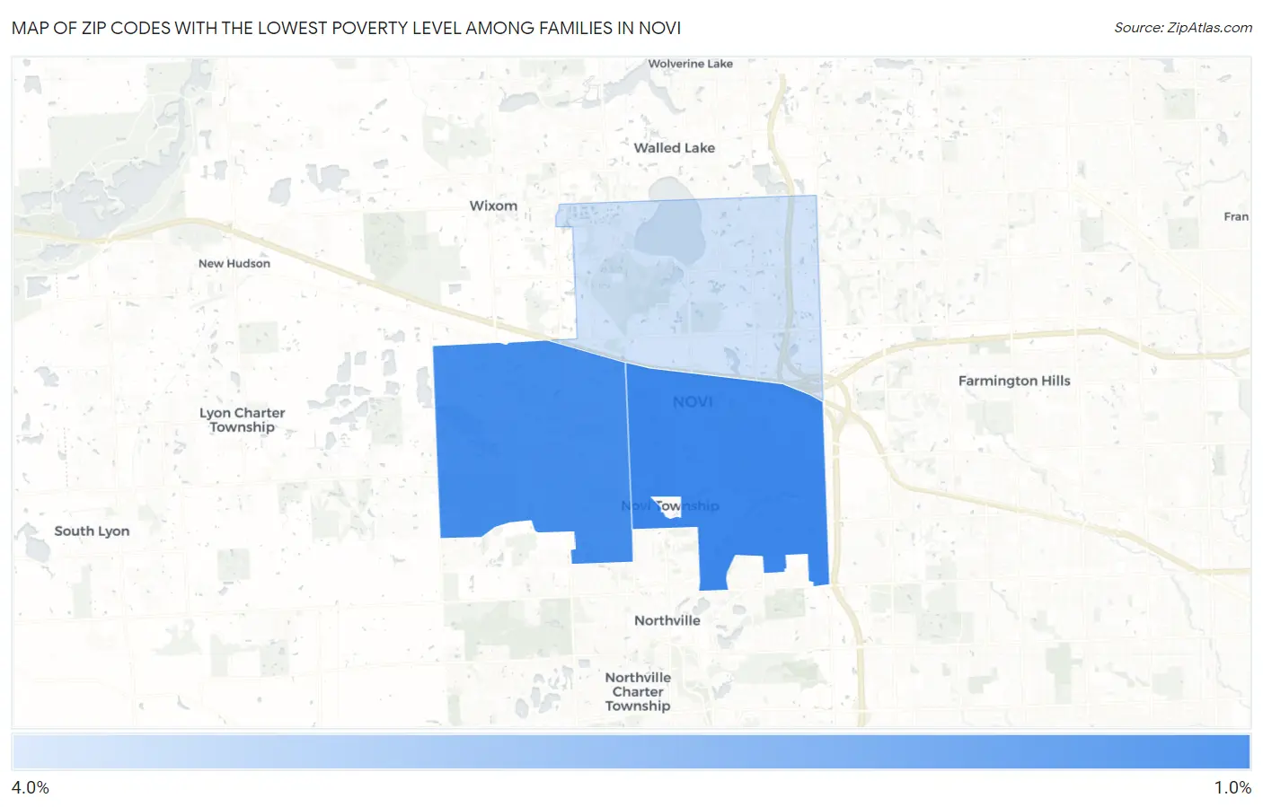 Zip Codes with the Lowest Poverty Level Among Families in Novi Map
