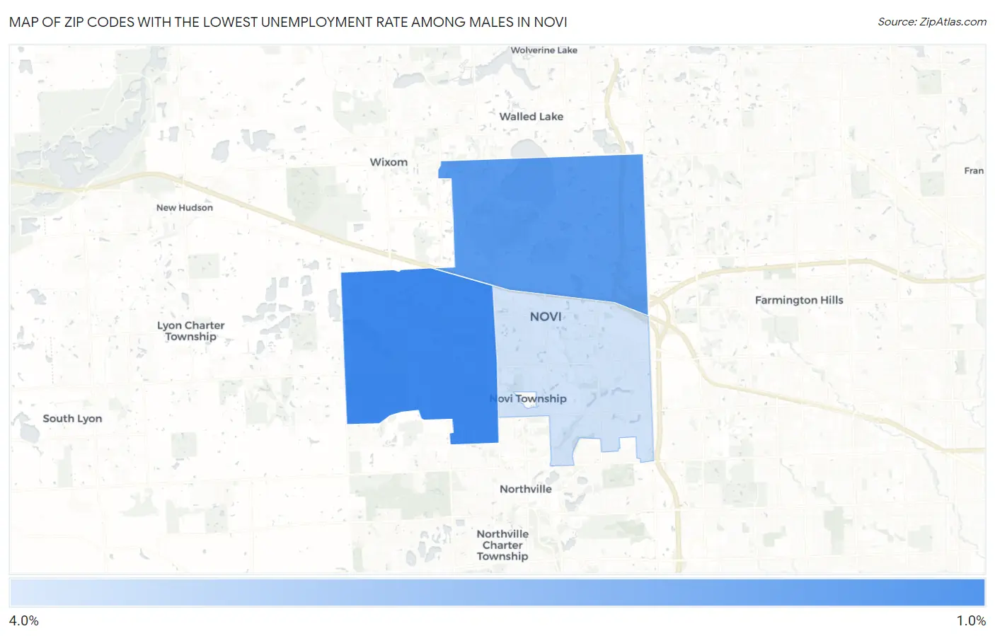 Zip Codes with the Lowest Unemployment Rate Among Males in Novi Map
