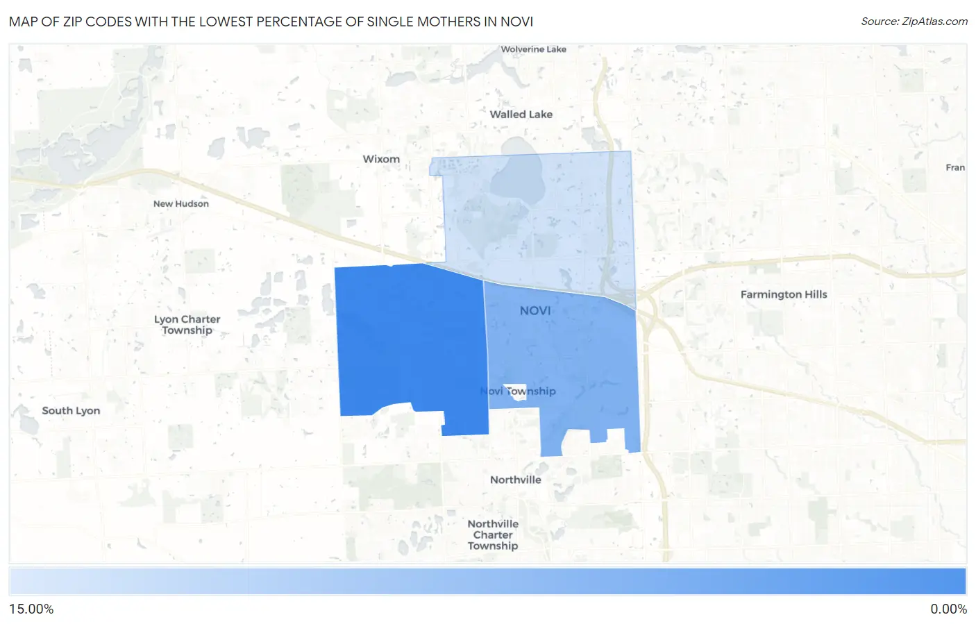 Zip Codes with the Lowest Percentage of Single Mothers in Novi Map
