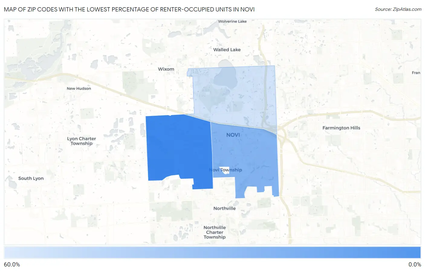 Zip Codes with the Lowest Percentage of Renter-Occupied Units in Novi Map