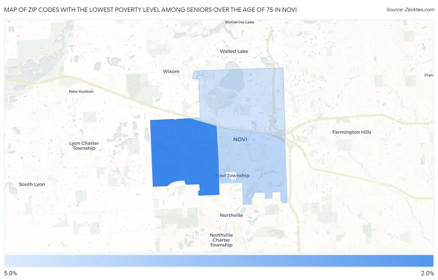 Zip Codes with the Lowest Poverty Level Among Seniors Over the Age of 75 in Novi Map