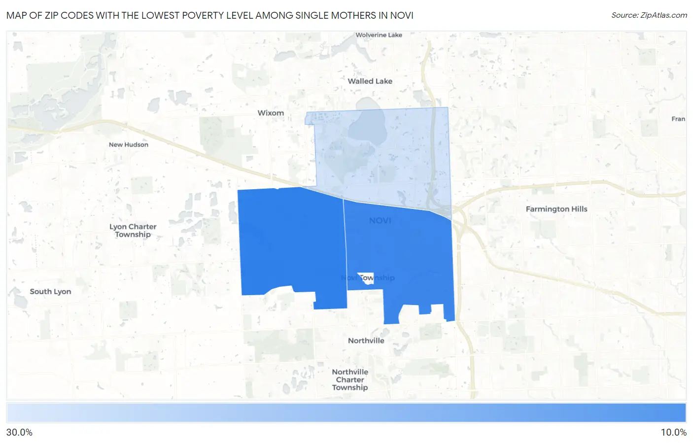 Zip Codes with the Lowest Poverty Level Among Single Mothers in Novi Map