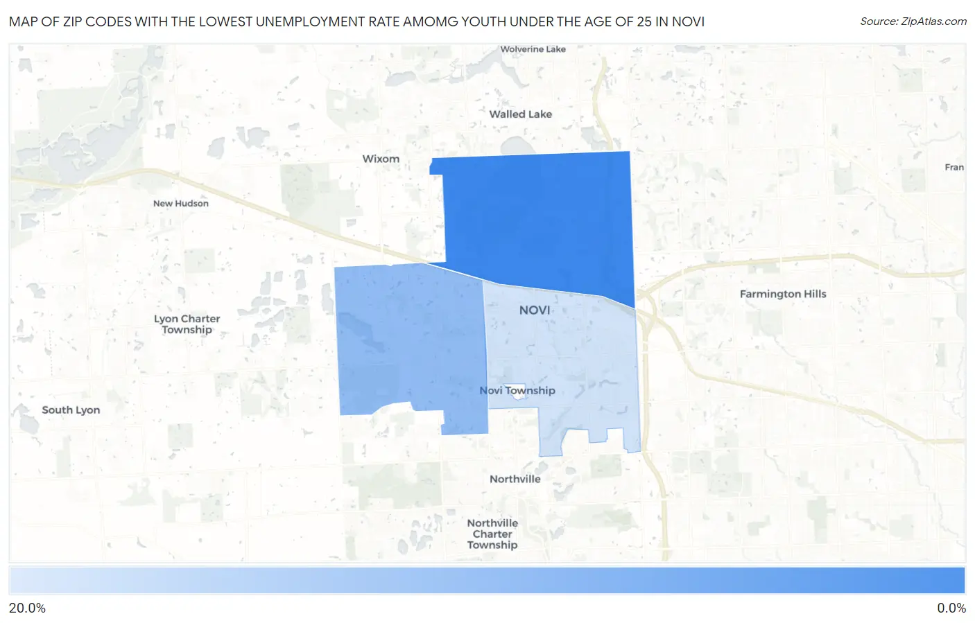 Zip Codes with the Lowest Unemployment Rate Amomg Youth Under the Age of 25 in Novi Map
