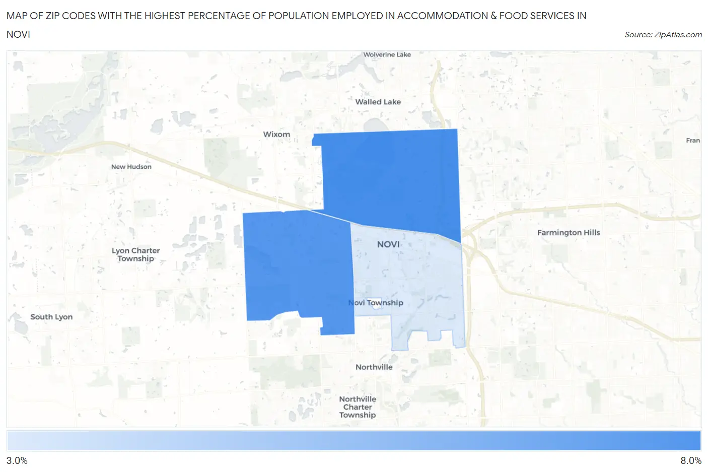 Zip Codes with the Highest Percentage of Population Employed in Accommodation & Food Services in Novi Map