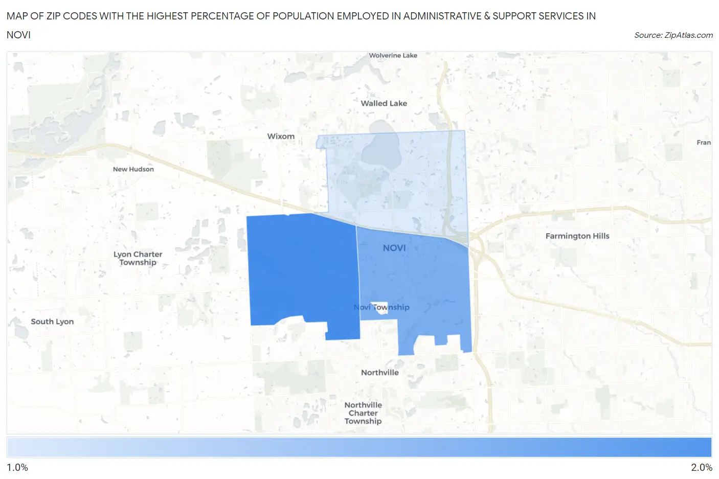 Zip Codes with the Highest Percentage of Population Employed in Administrative & Support Services in Novi Map