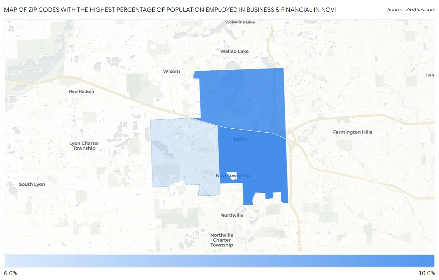 Zip Codes with the Highest Percentage of Population Employed in Business & Financial in Novi Map
