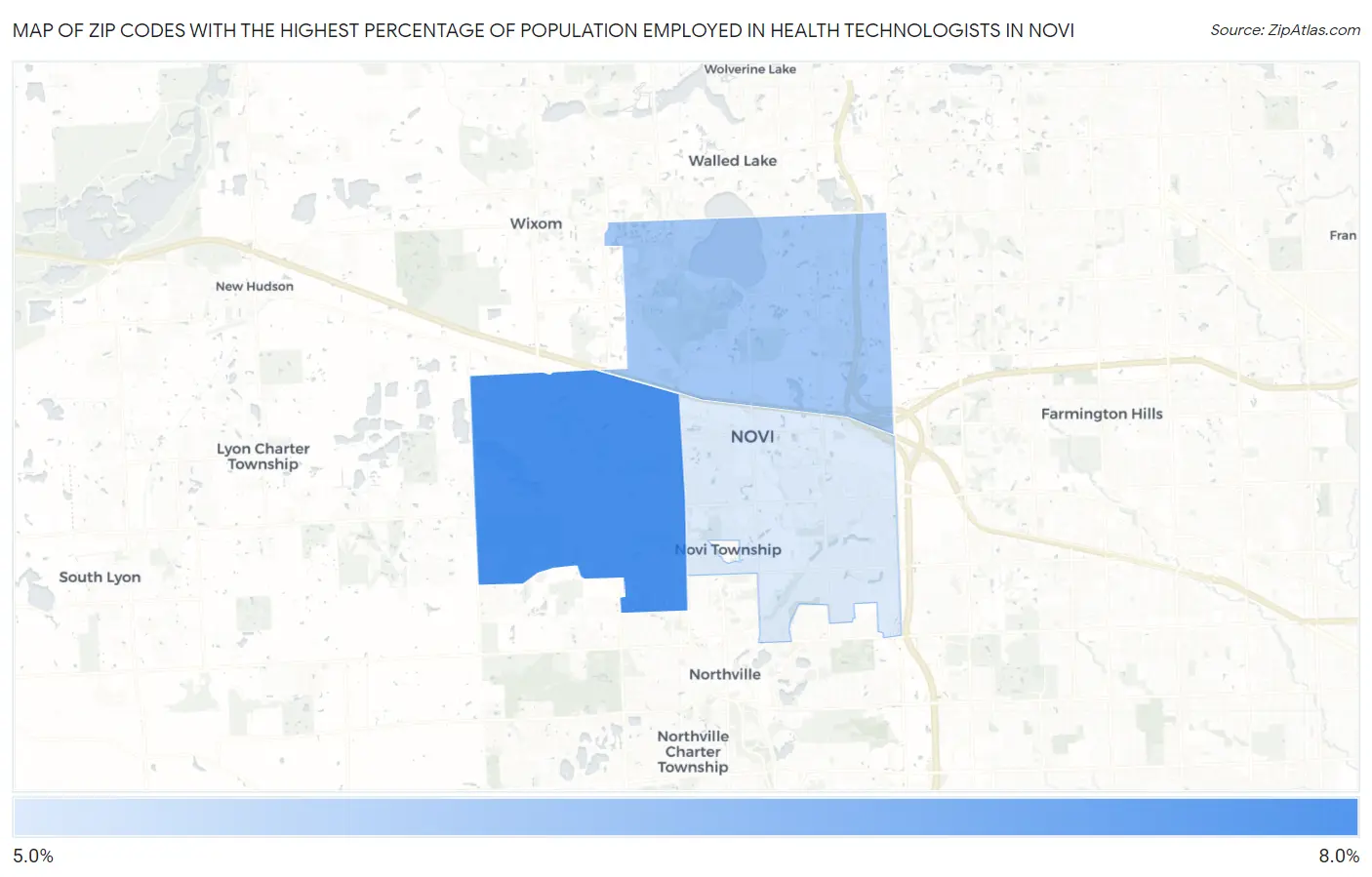 Zip Codes with the Highest Percentage of Population Employed in Health Technologists in Novi Map