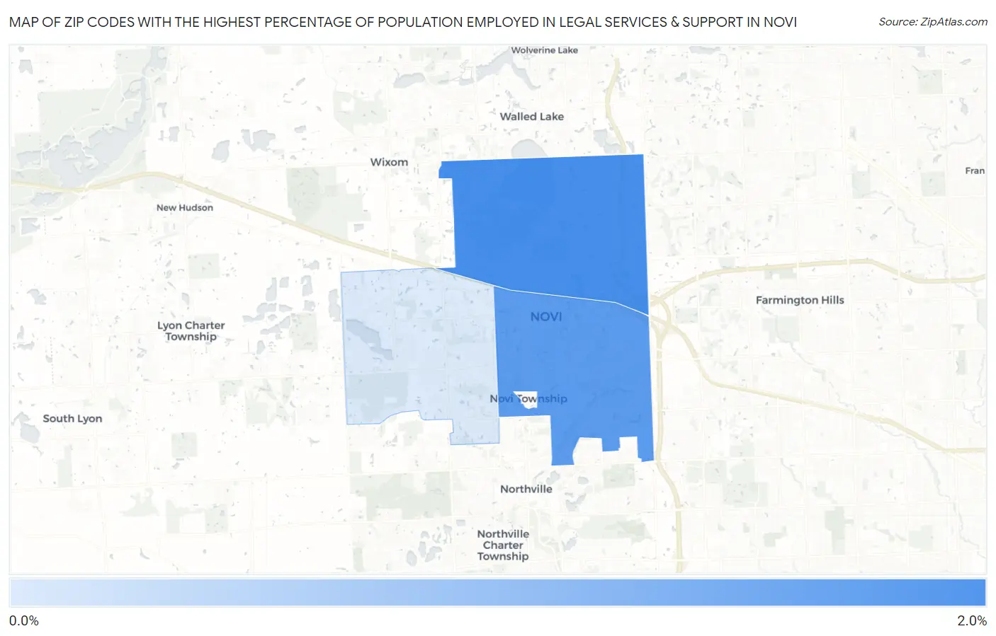 Zip Codes with the Highest Percentage of Population Employed in Legal Services & Support in Novi Map
