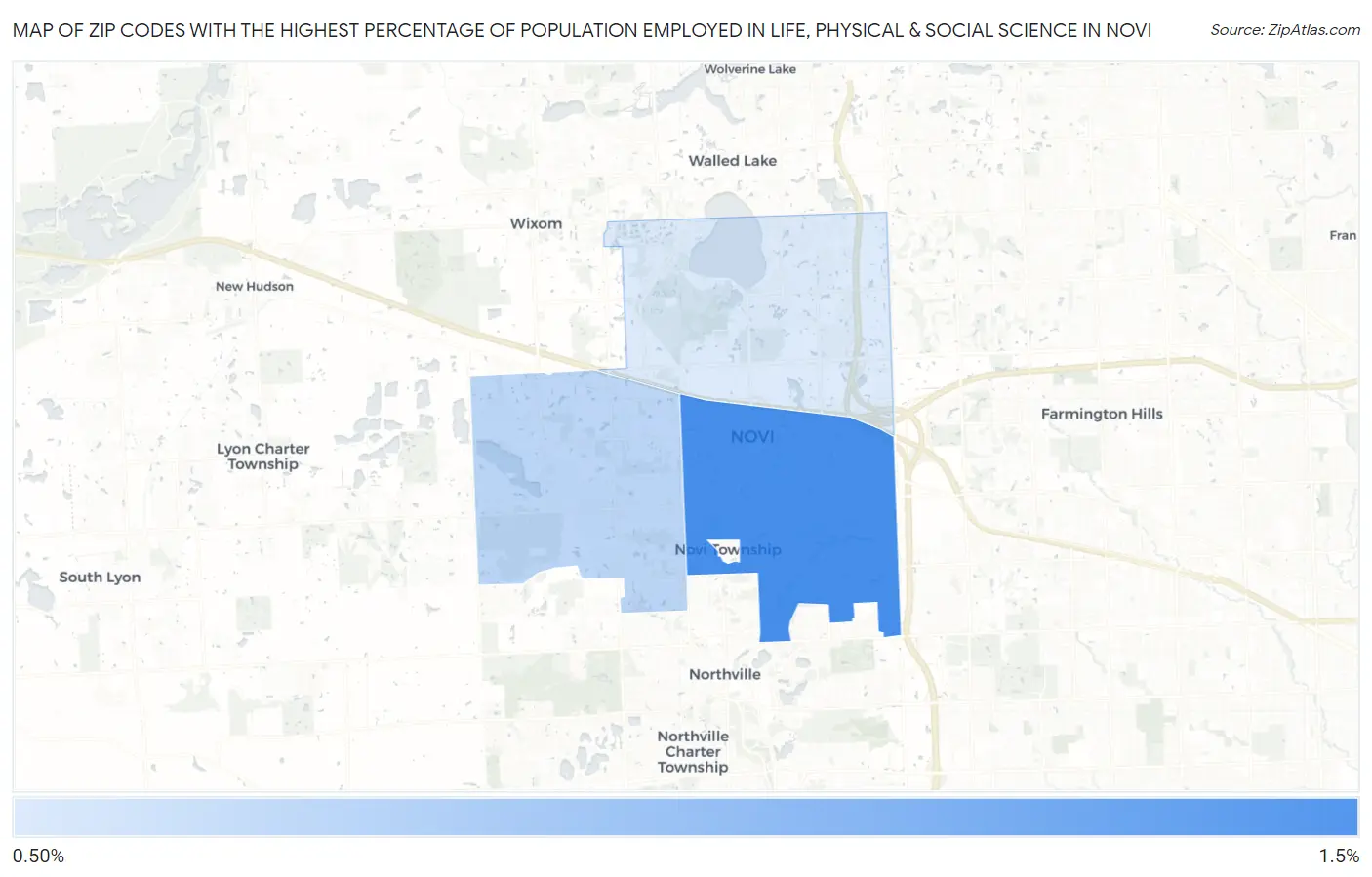 Zip Codes with the Highest Percentage of Population Employed in Life, Physical & Social Science in Novi Map