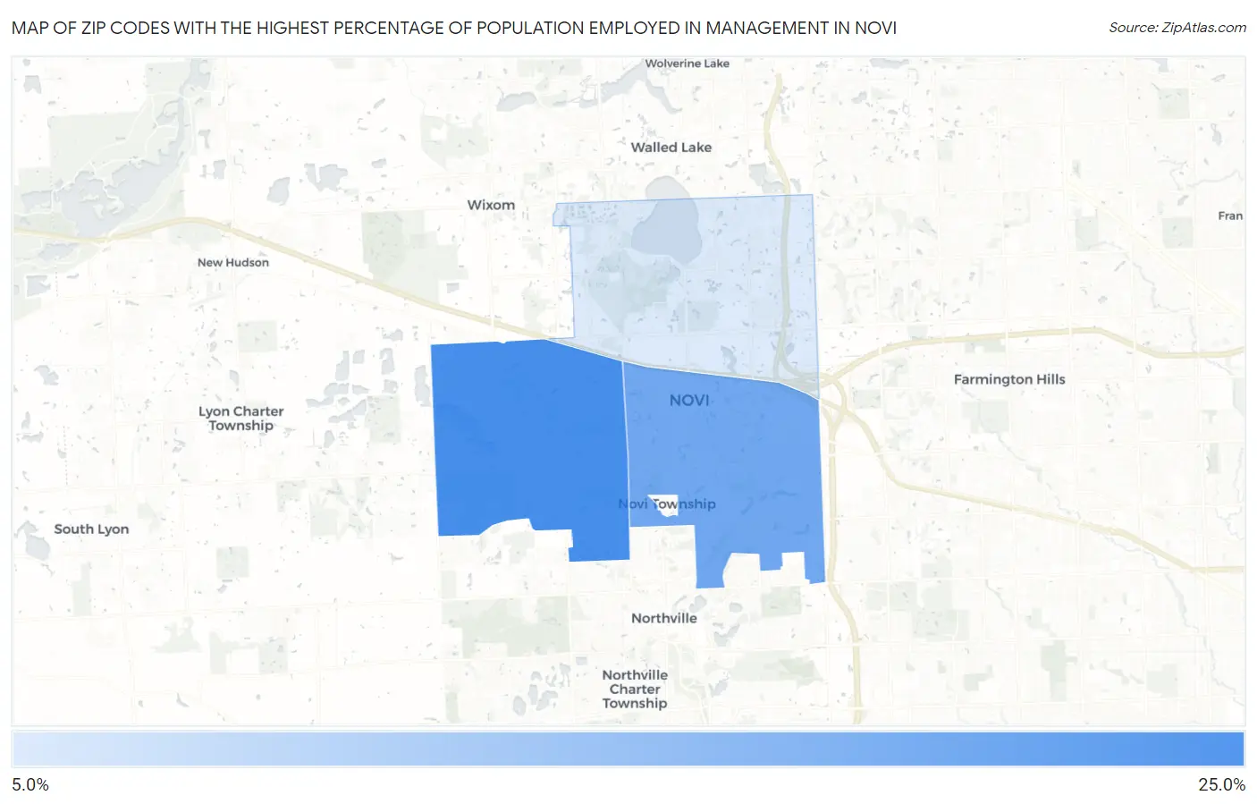 Zip Codes with the Highest Percentage of Population Employed in Management in Novi Map