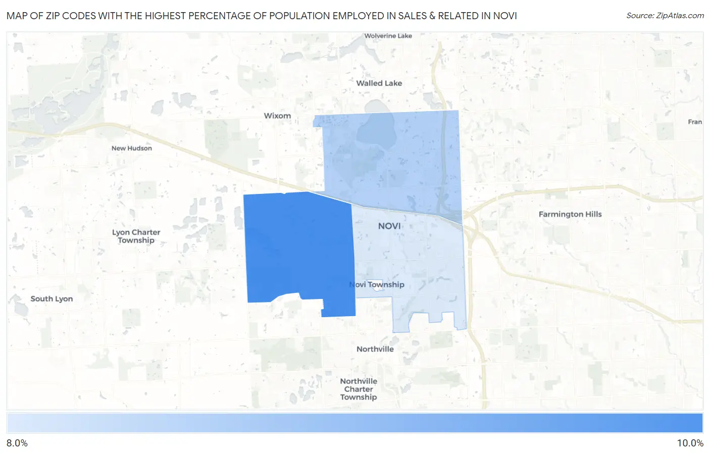 Zip Codes with the Highest Percentage of Population Employed in Sales & Related in Novi Map