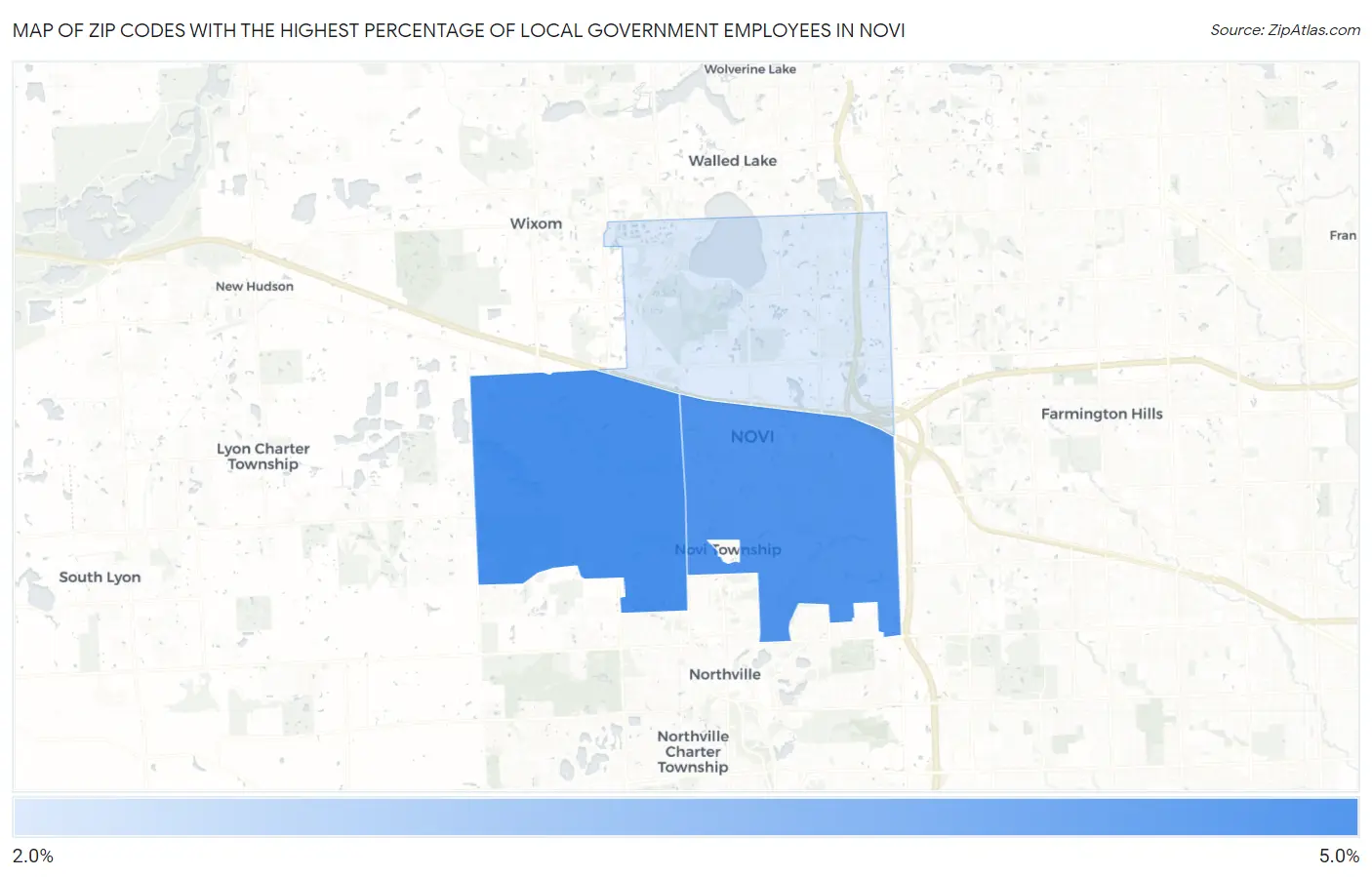 Zip Codes with the Highest Percentage of Local Government Employees in Novi Map