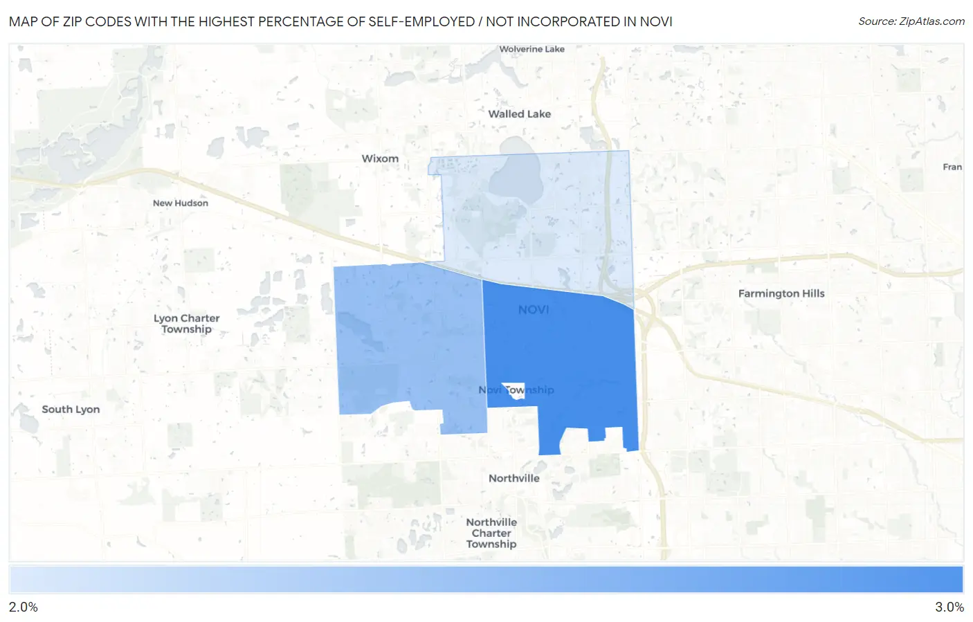 Zip Codes with the Highest Percentage of Self-Employed / Not Incorporated in Novi Map