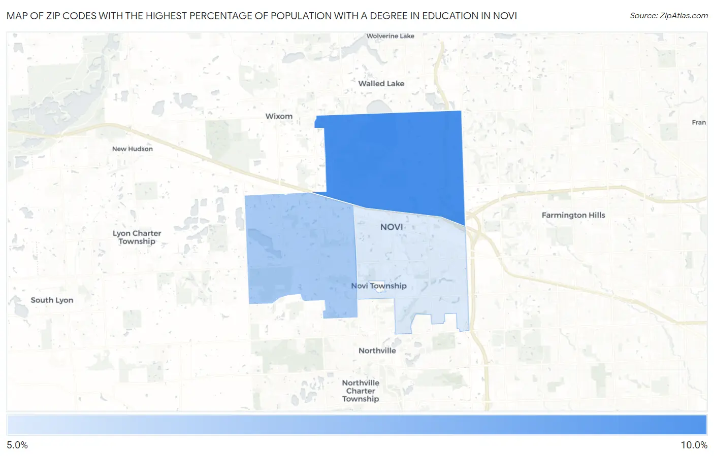 Zip Codes with the Highest Percentage of Population with a Degree in Education in Novi Map