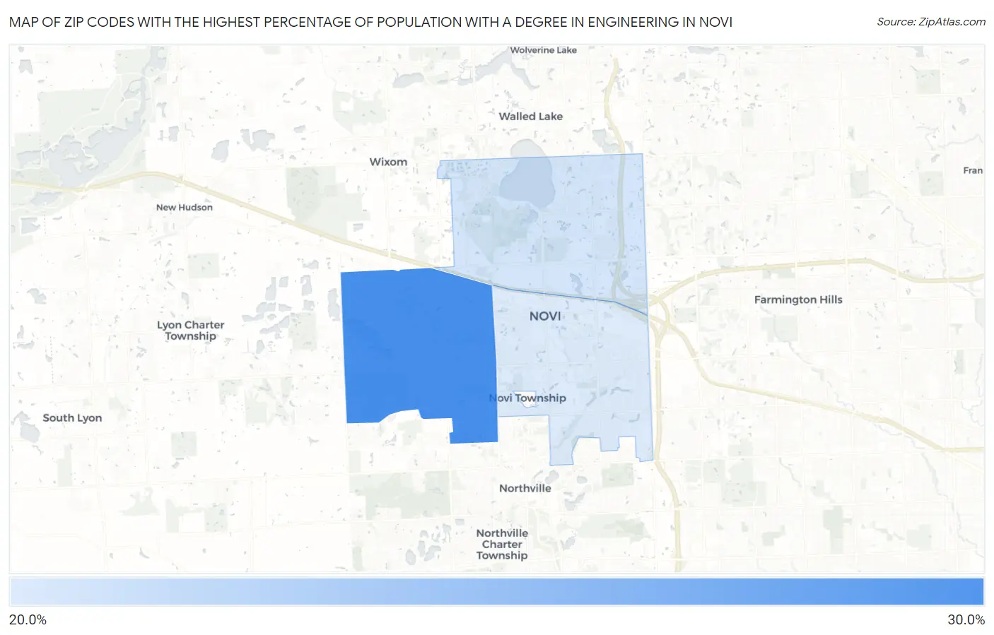 Zip Codes with the Highest Percentage of Population with a Degree in Engineering in Novi Map