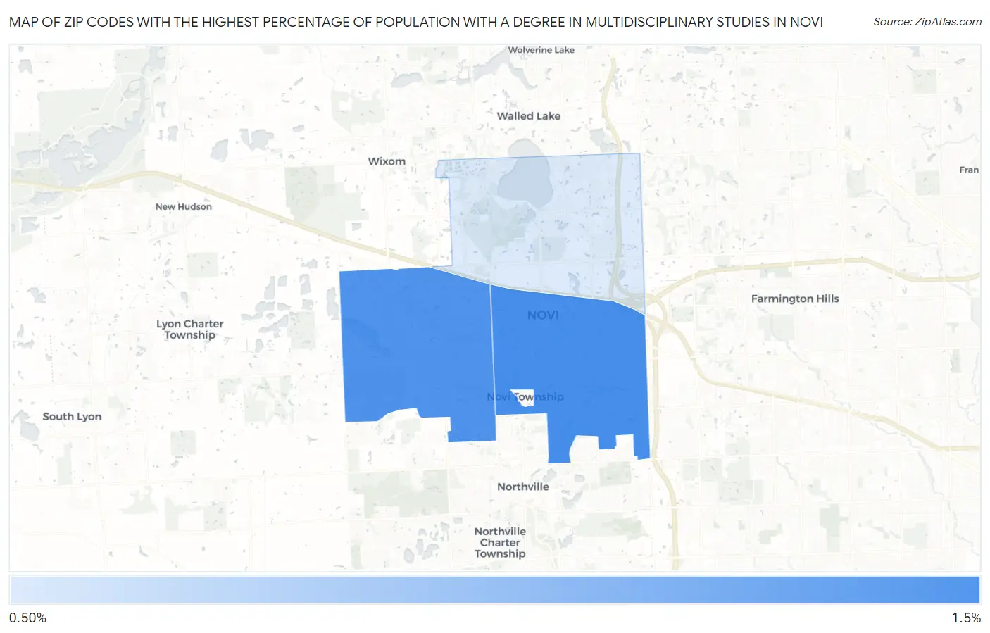 Zip Codes with the Highest Percentage of Population with a Degree in Multidisciplinary Studies in Novi Map