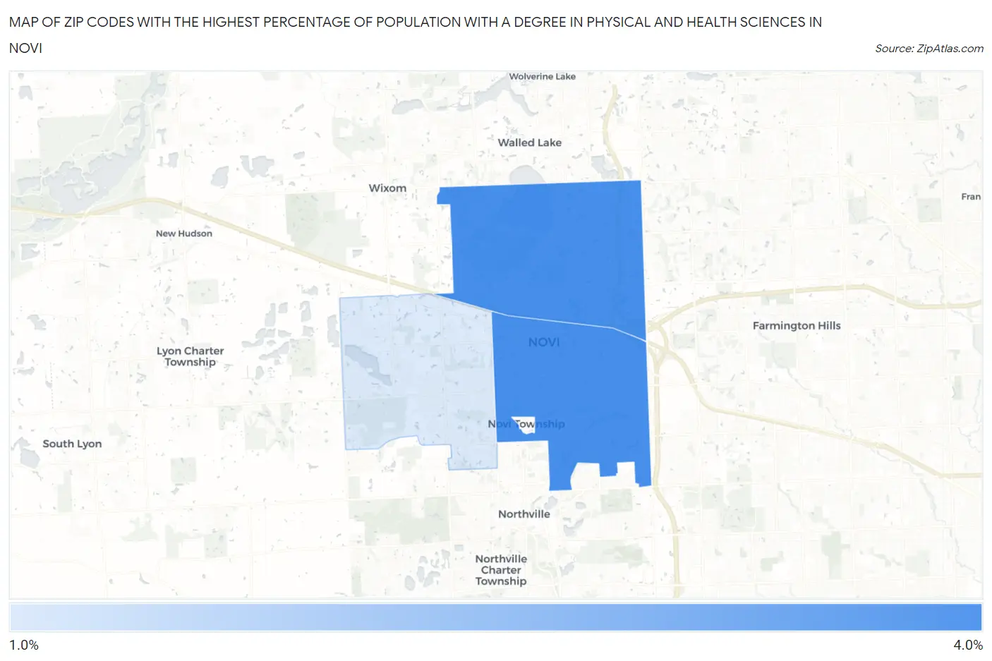 Zip Codes with the Highest Percentage of Population with a Degree in Physical and Health Sciences in Novi Map