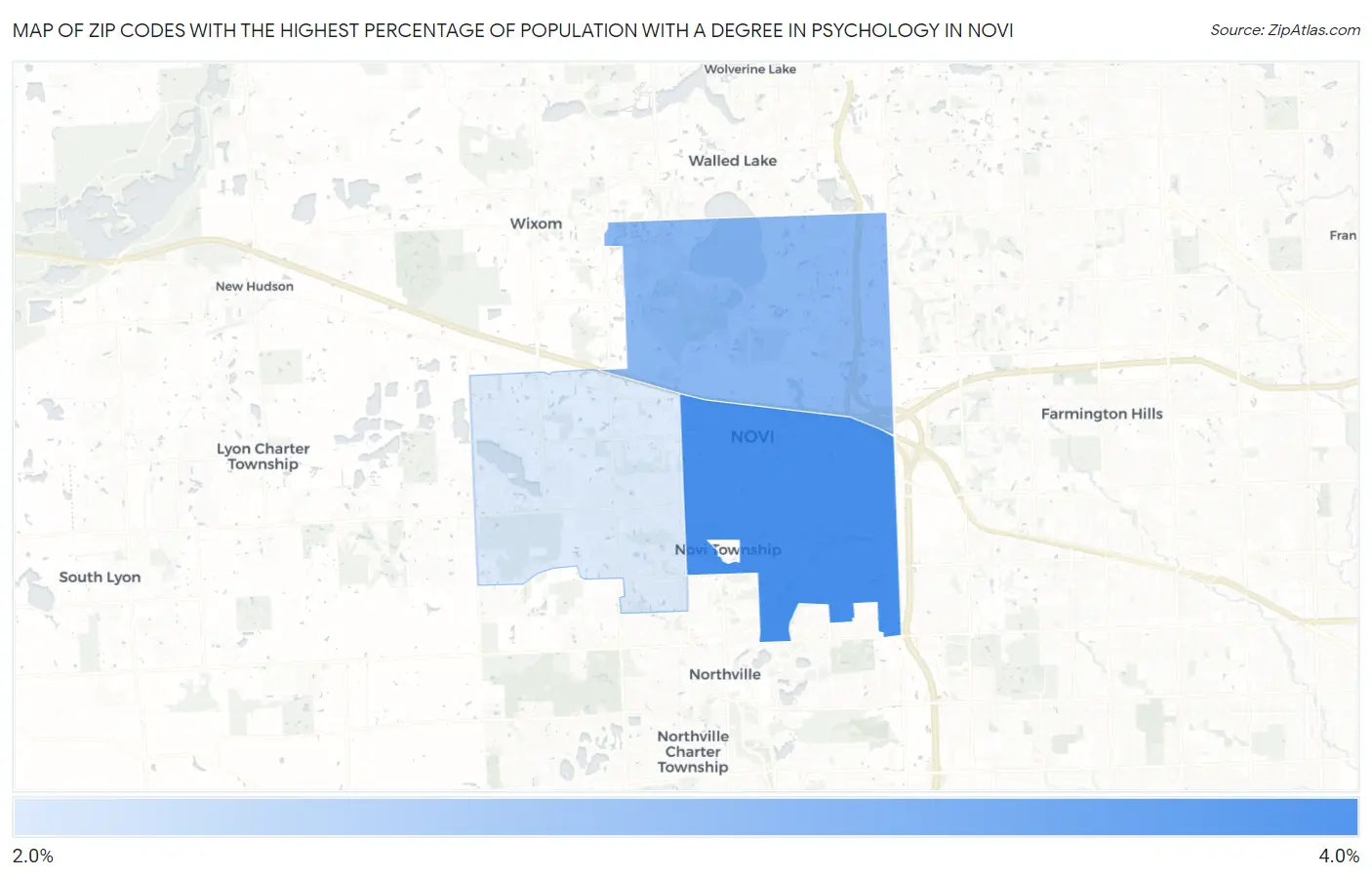 Zip Codes with the Highest Percentage of Population with a Degree in Psychology in Novi Map
