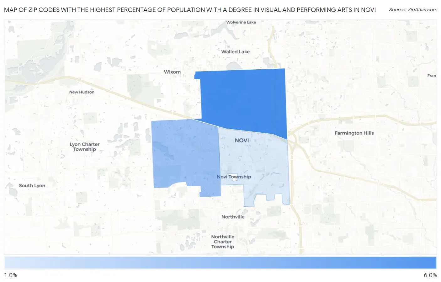 Zip Codes with the Highest Percentage of Population with a Degree in Visual and Performing Arts in Novi Map