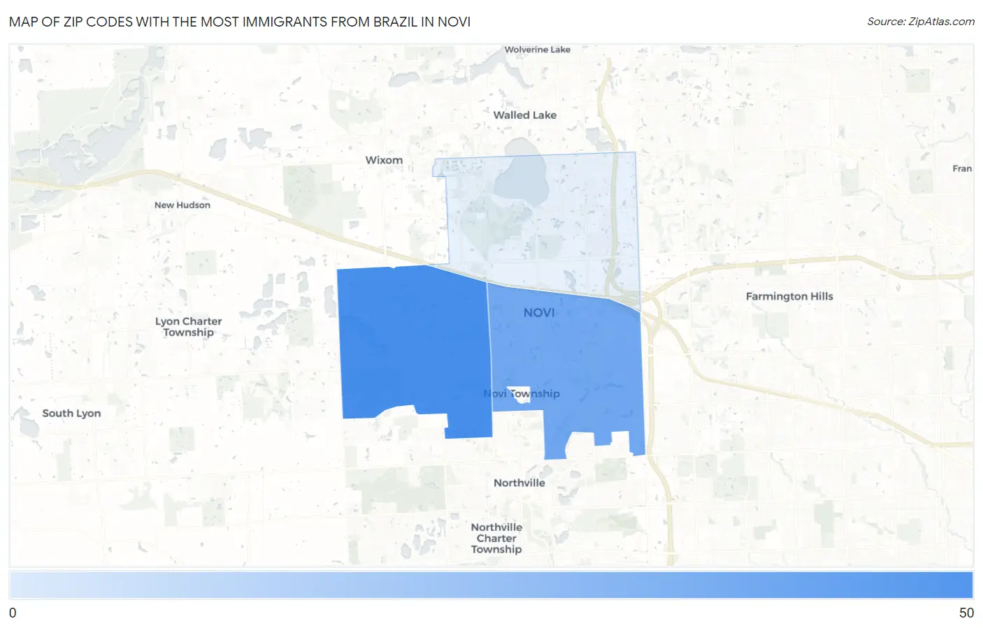 Zip Codes with the Most Immigrants from Brazil in Novi Map
