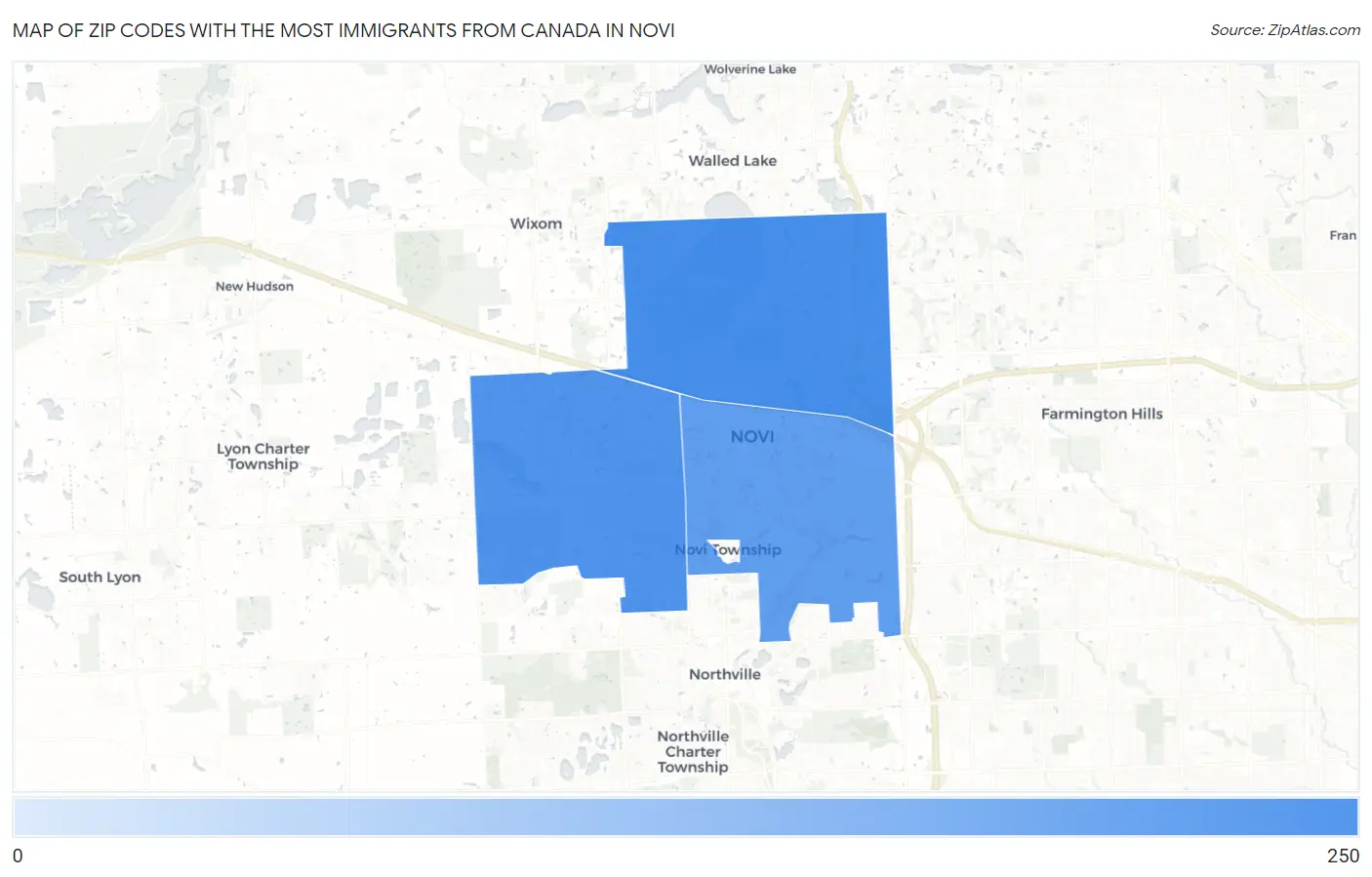Zip Codes with the Most Immigrants from Canada in Novi Map
