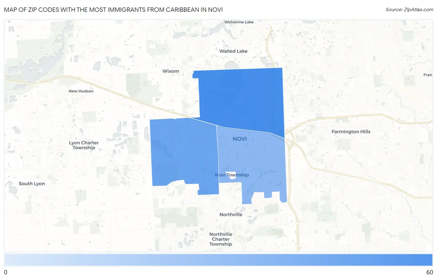 Zip Codes with the Most Immigrants from Caribbean in Novi Map