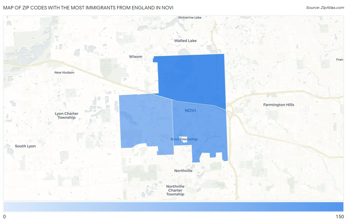 Zip Codes with the Most Immigrants from England in Novi Map