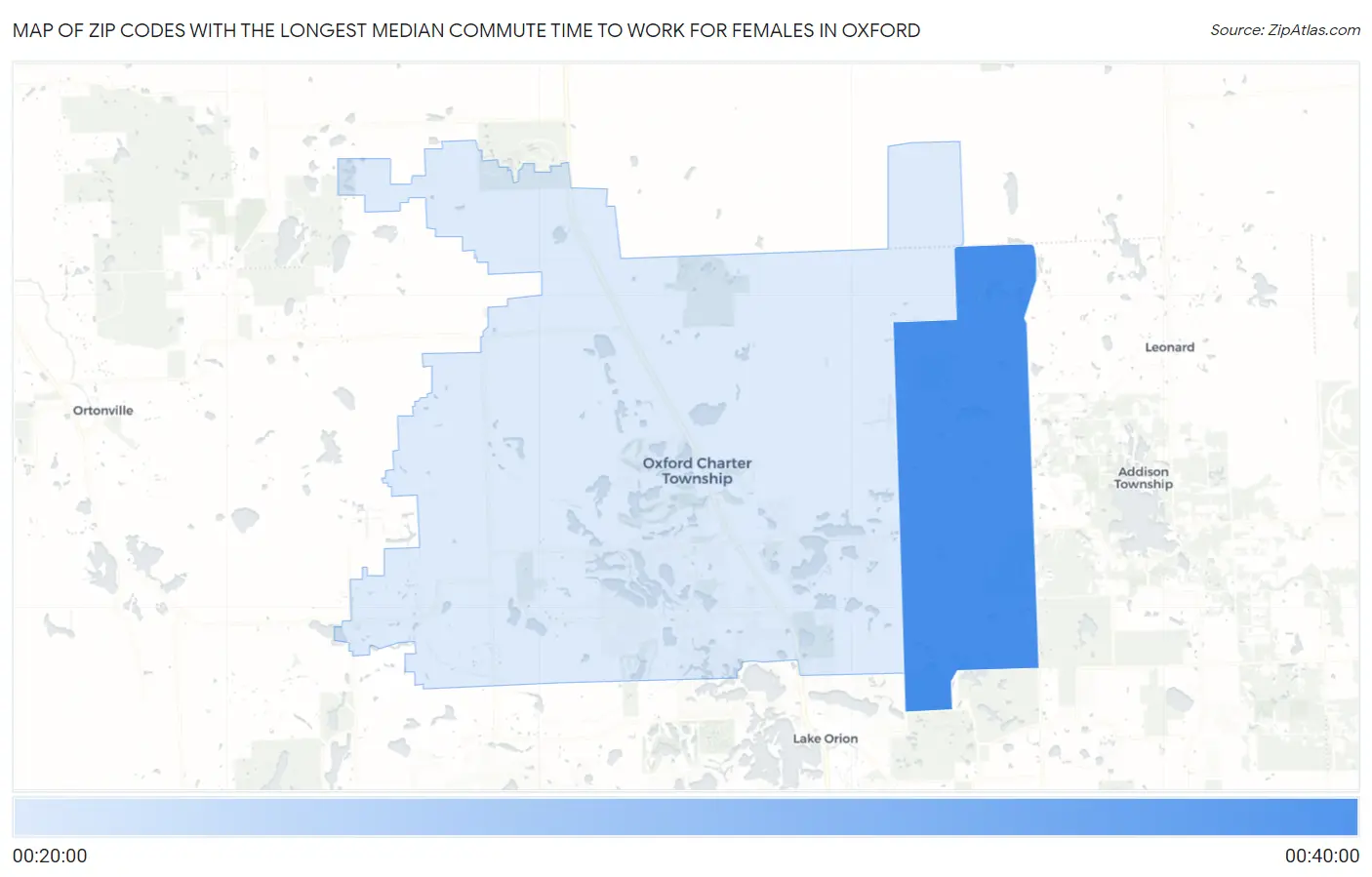 Zip Codes with the Longest Median Commute Time to Work for Females in Oxford Map