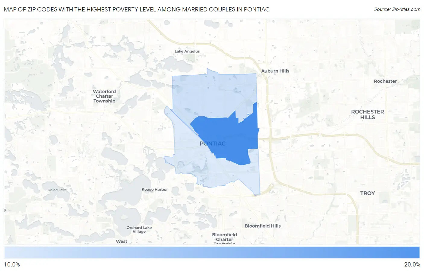 Zip Codes with the Highest Poverty Level Among Married Couples in Pontiac Map