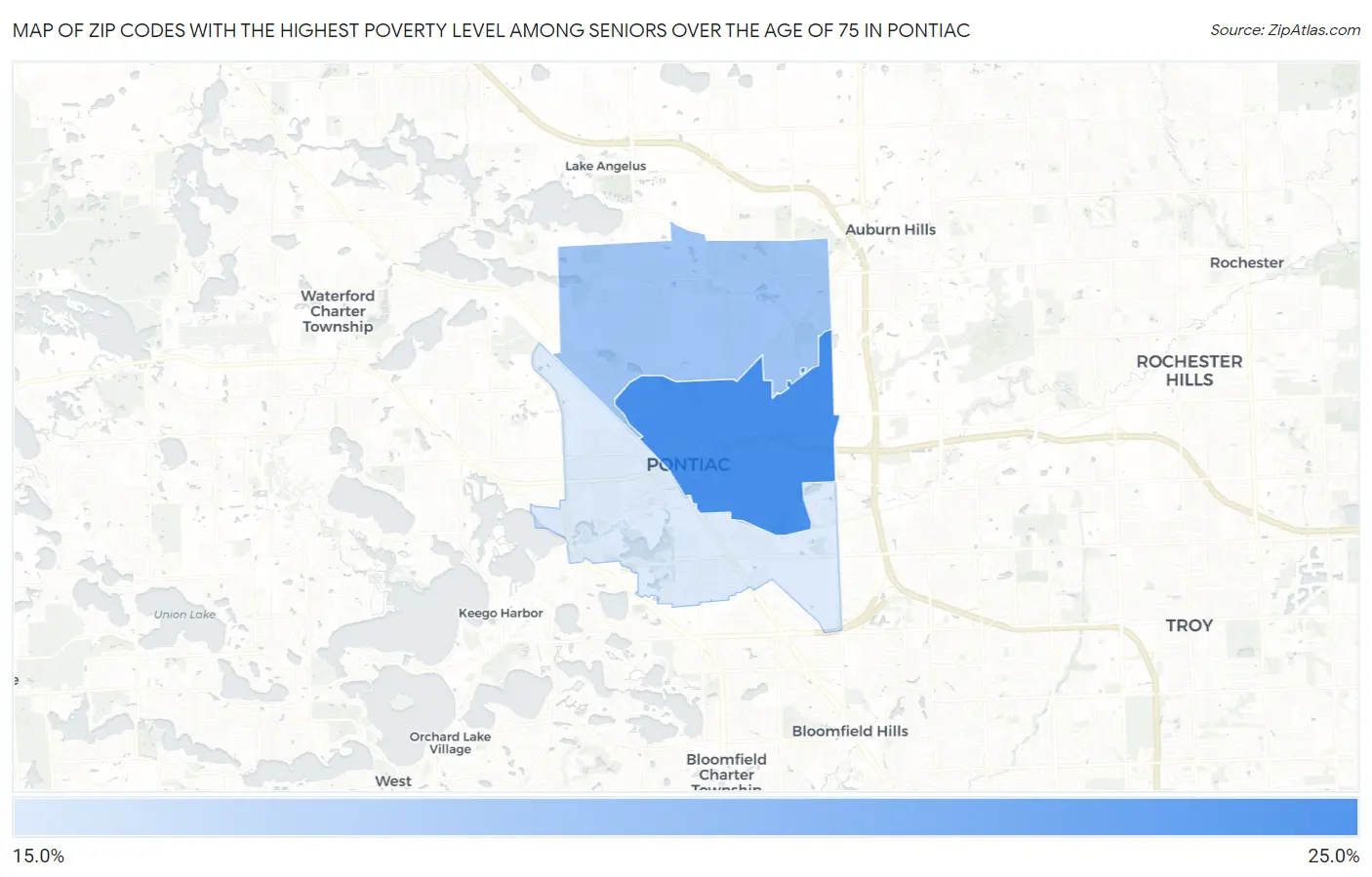 Zip Codes with the Highest Poverty Level Among Seniors Over the Age of 75 in Pontiac Map