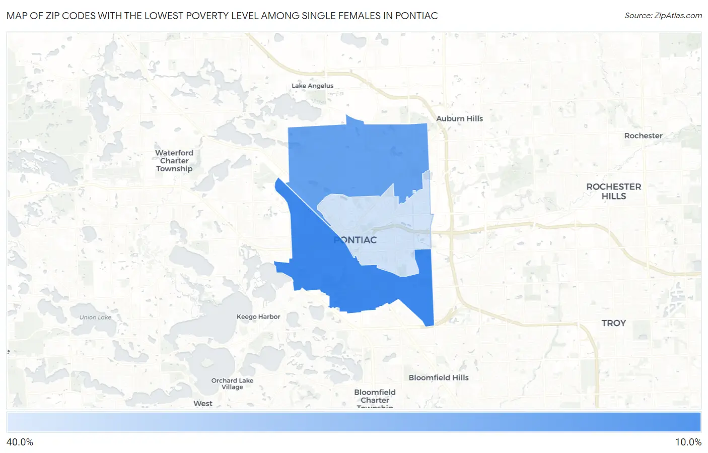 Zip Codes with the Lowest Poverty Level Among Single Females in Pontiac Map