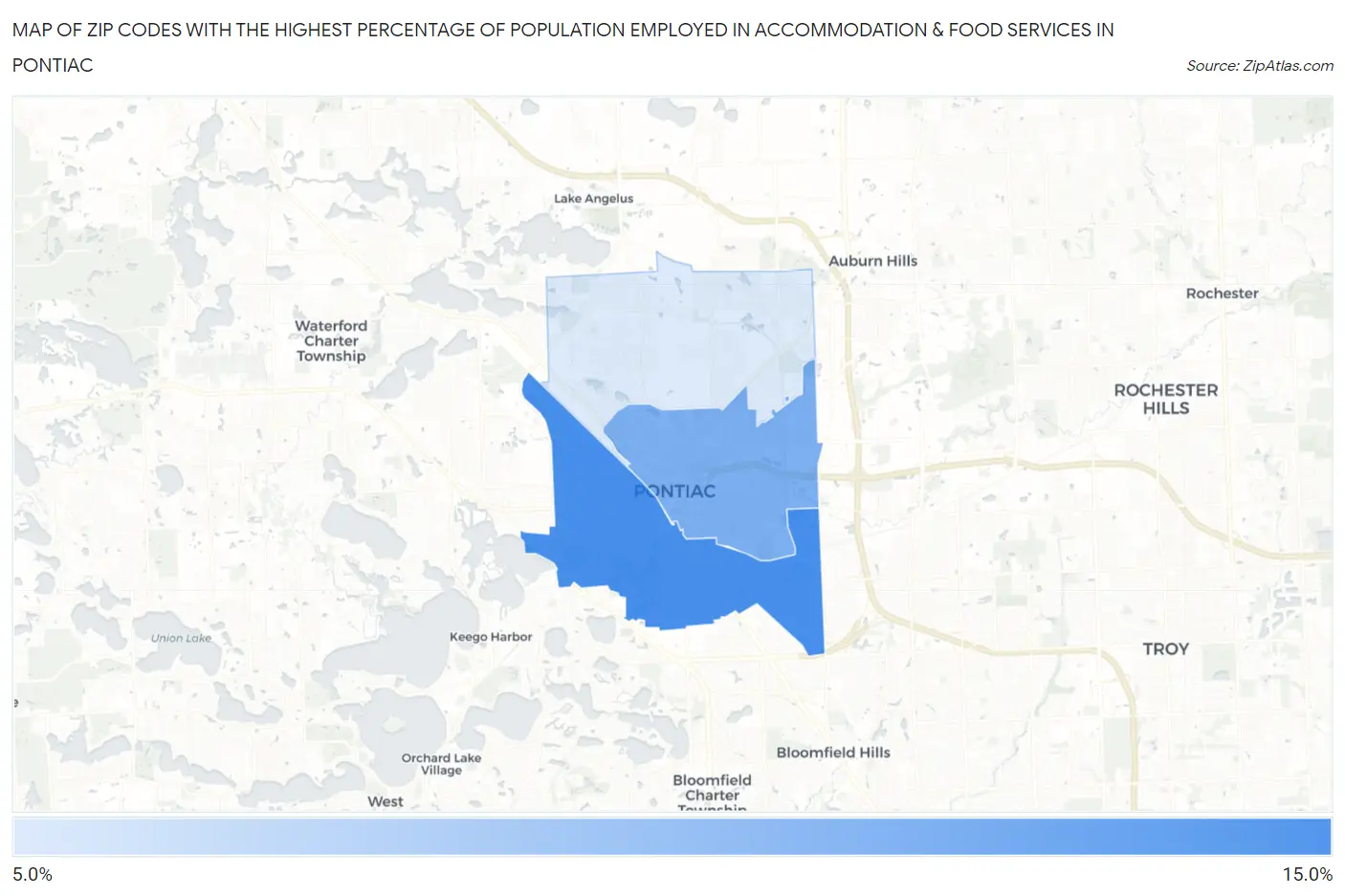 Zip Codes with the Highest Percentage of Population Employed in Accommodation & Food Services in Pontiac Map