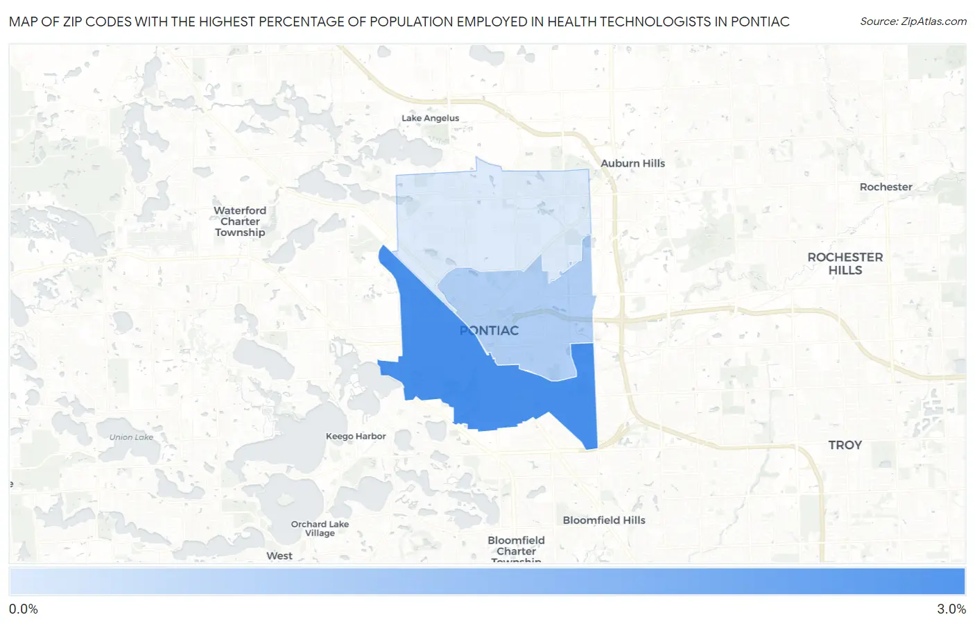 Zip Codes with the Highest Percentage of Population Employed in Health Technologists in Pontiac Map