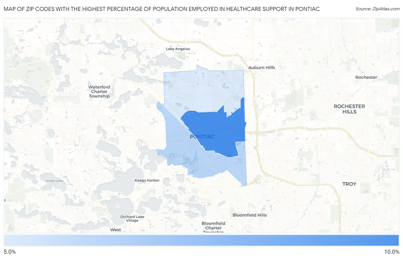 Zip Codes with the Highest Percentage of Population Employed in Healthcare Support in Pontiac Map