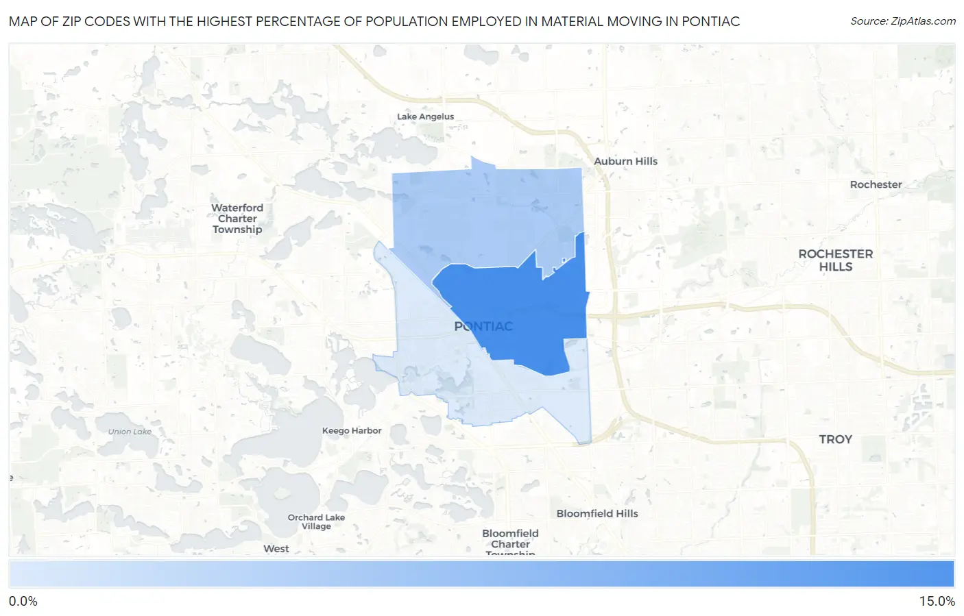 Zip Codes with the Highest Percentage of Population Employed in Material Moving in Pontiac Map
