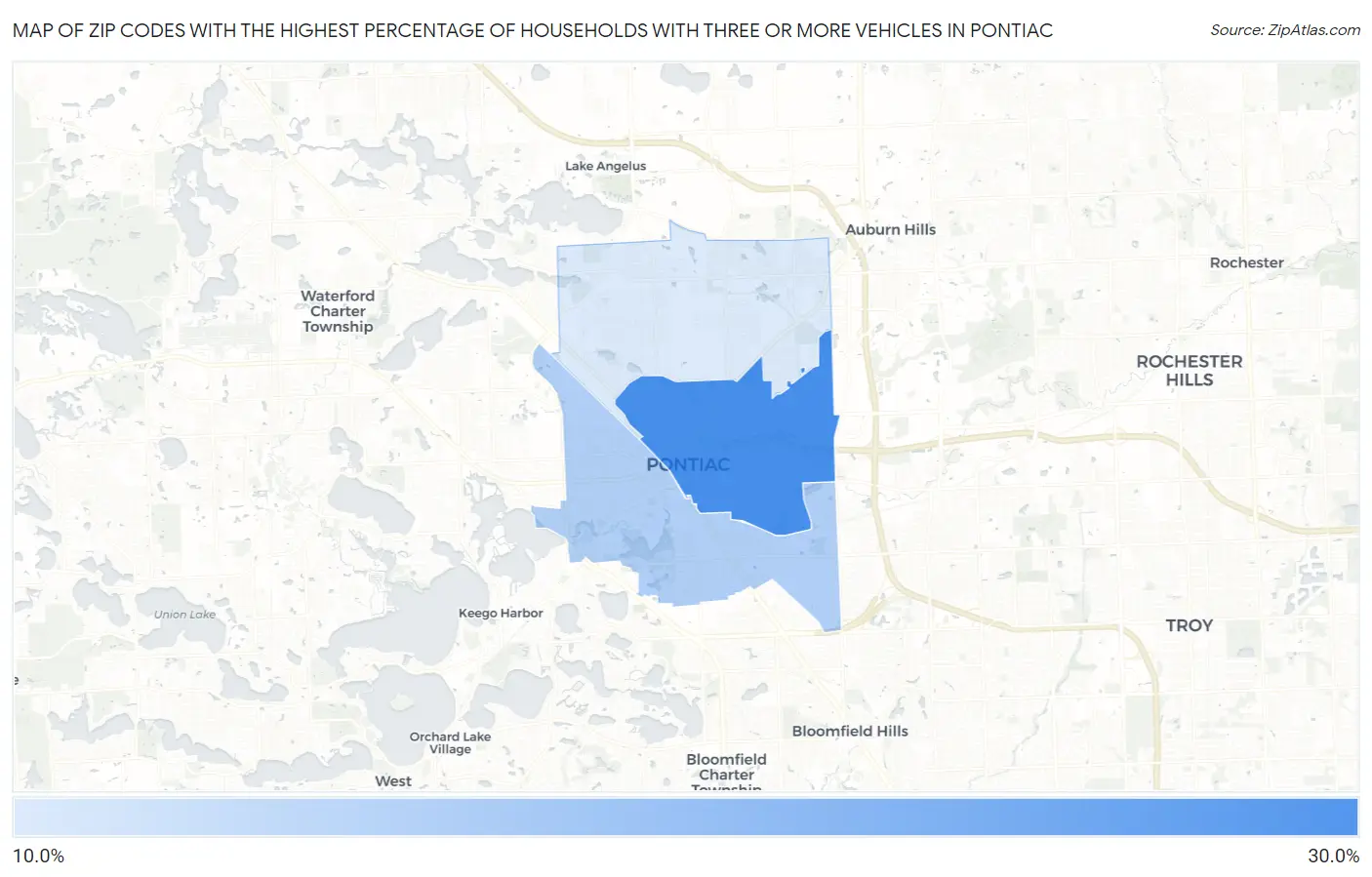 Zip Codes with the Highest Percentage of Households With Three or more Vehicles in Pontiac Map
