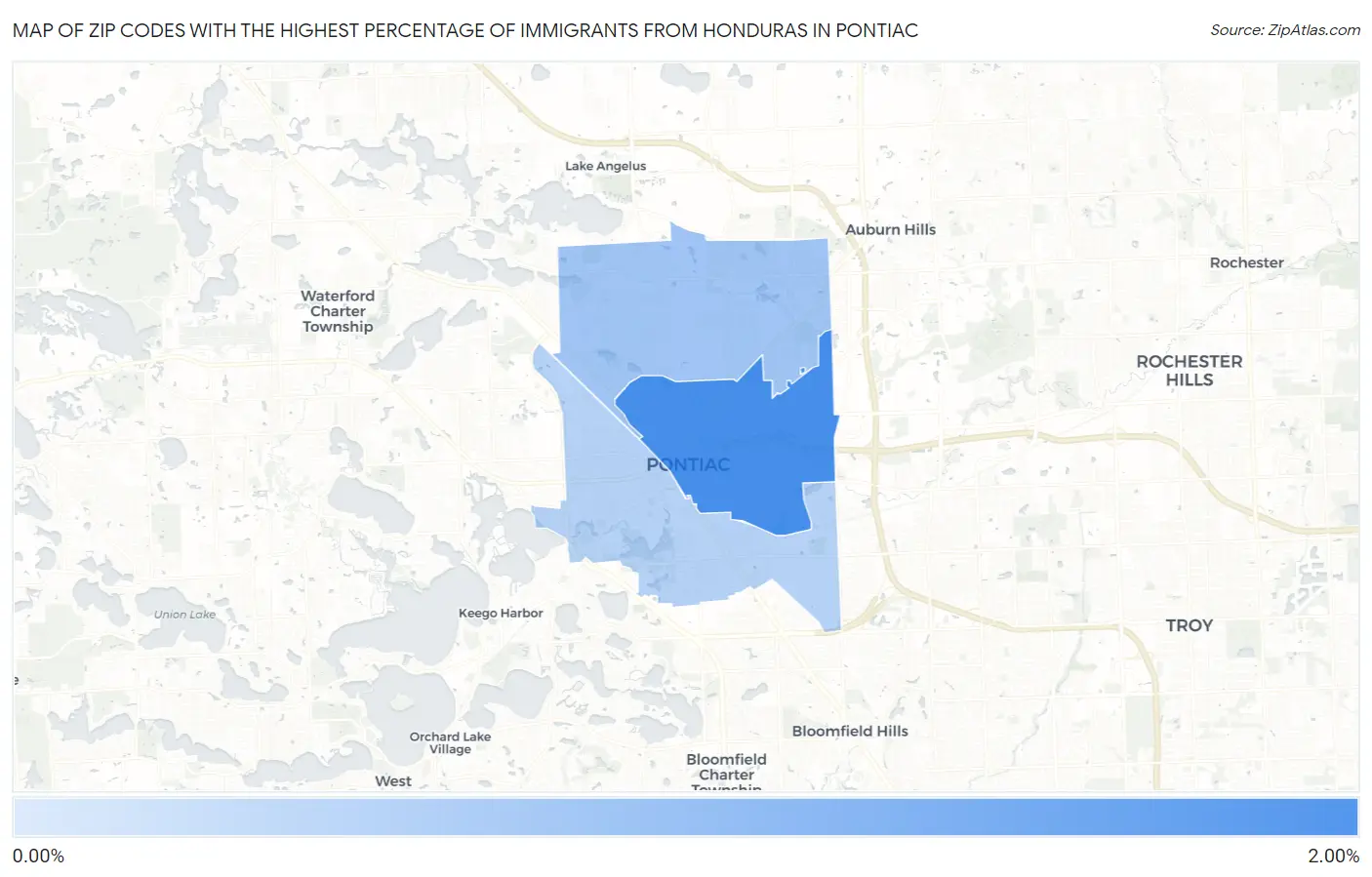 Zip Codes with the Highest Percentage of Immigrants from Honduras in Pontiac Map