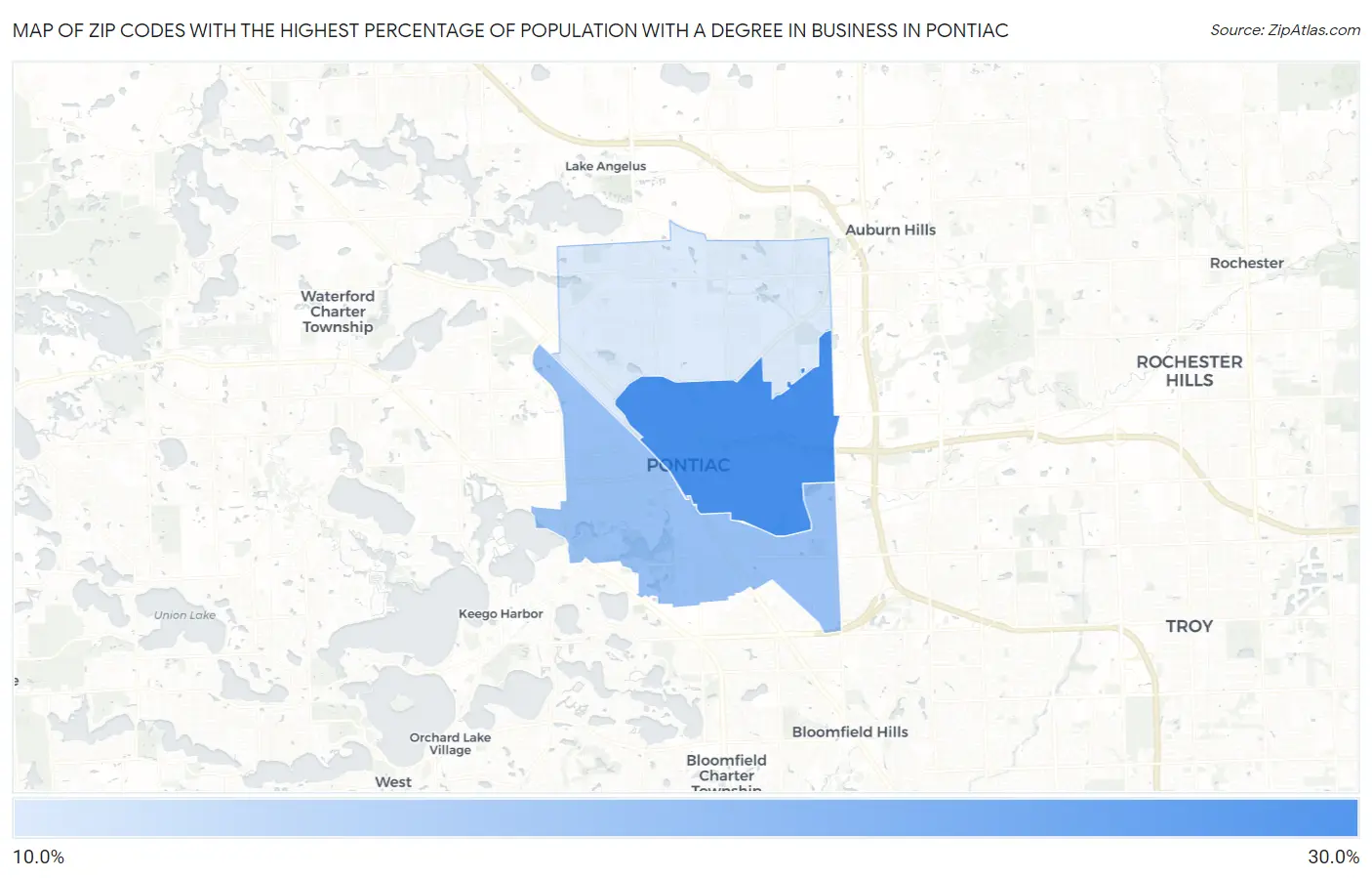 Zip Codes with the Highest Percentage of Population with a Degree in Business in Pontiac Map