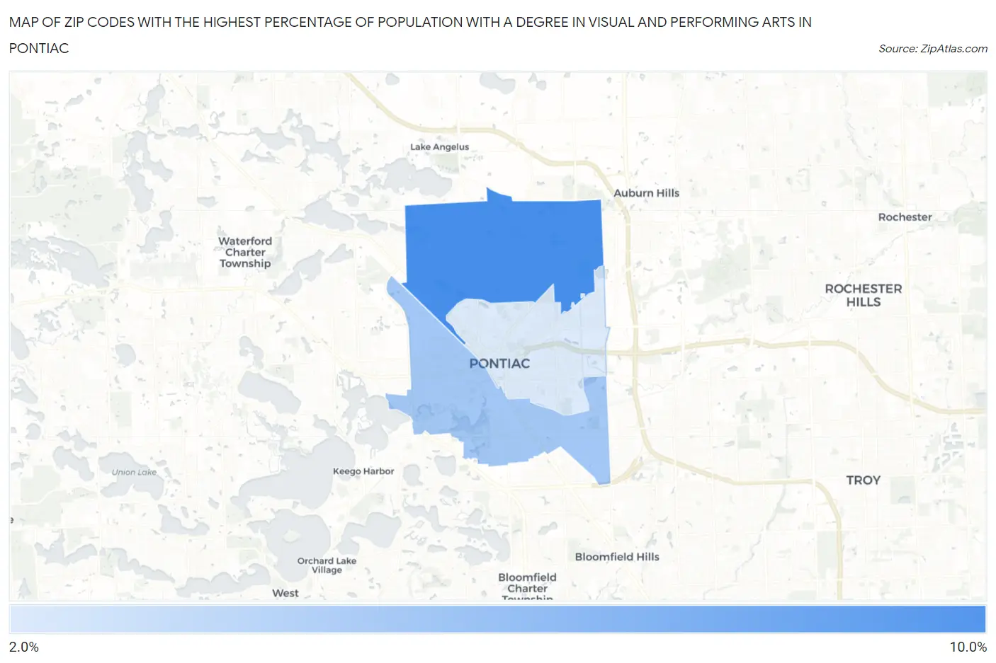 Zip Codes with the Highest Percentage of Population with a Degree in Visual and Performing Arts in Pontiac Map