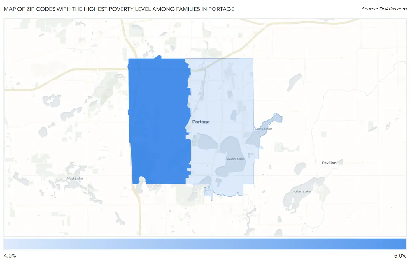 Zip Codes with the Highest Poverty Level Among Families in Portage Map
