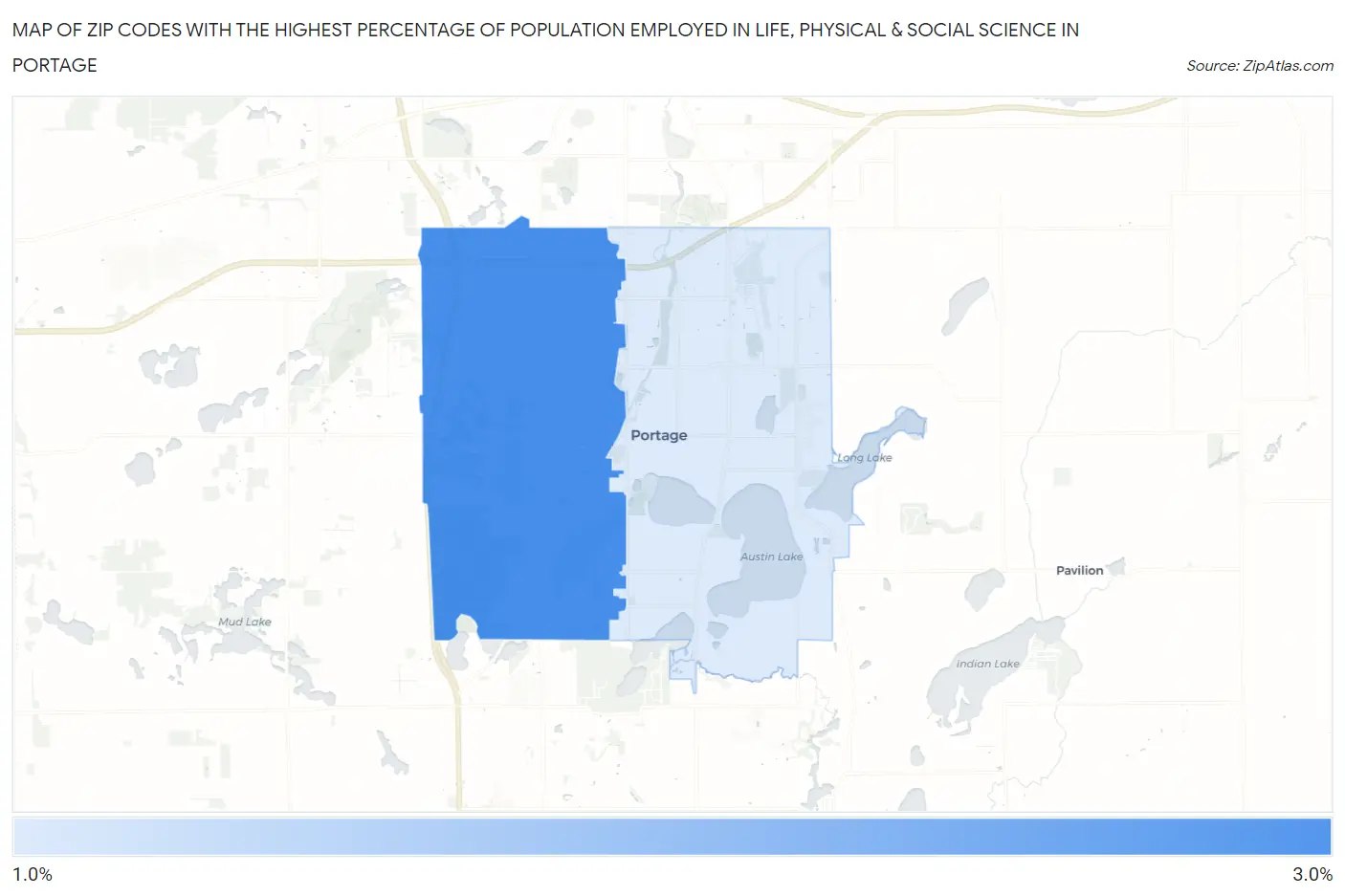 Zip Codes with the Highest Percentage of Population Employed in Life, Physical & Social Science in Portage Map