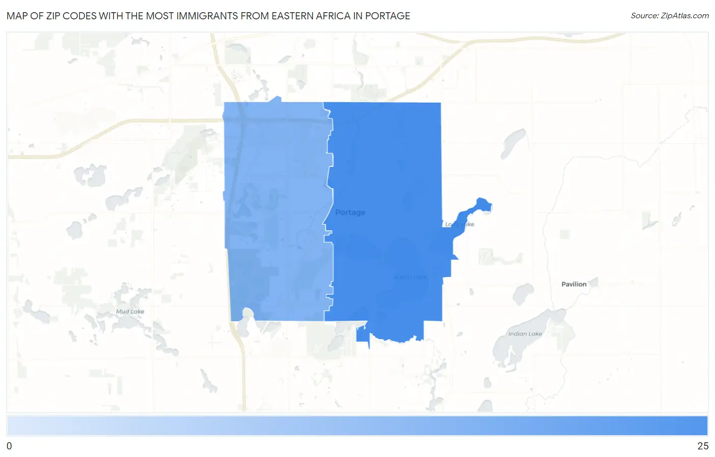 Zip Codes with the Most Immigrants from Eastern Africa in Portage Map