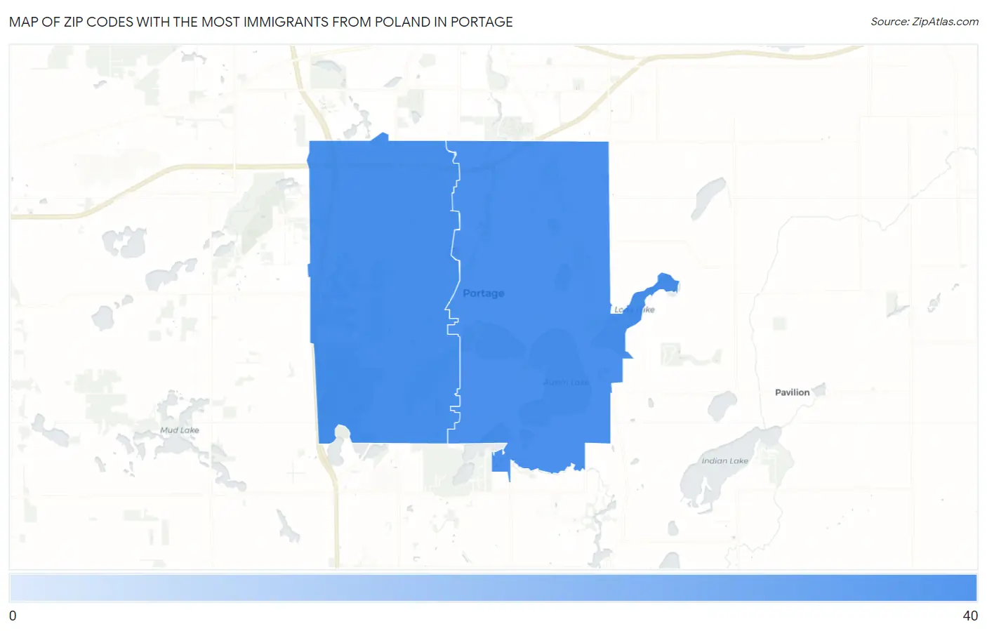 Zip Codes with the Most Immigrants from Poland in Portage Map