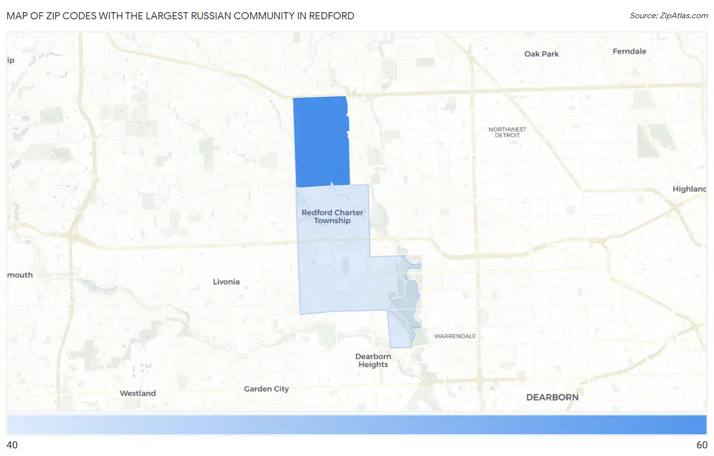 Zip Codes with the Largest Russian Community in Redford Map