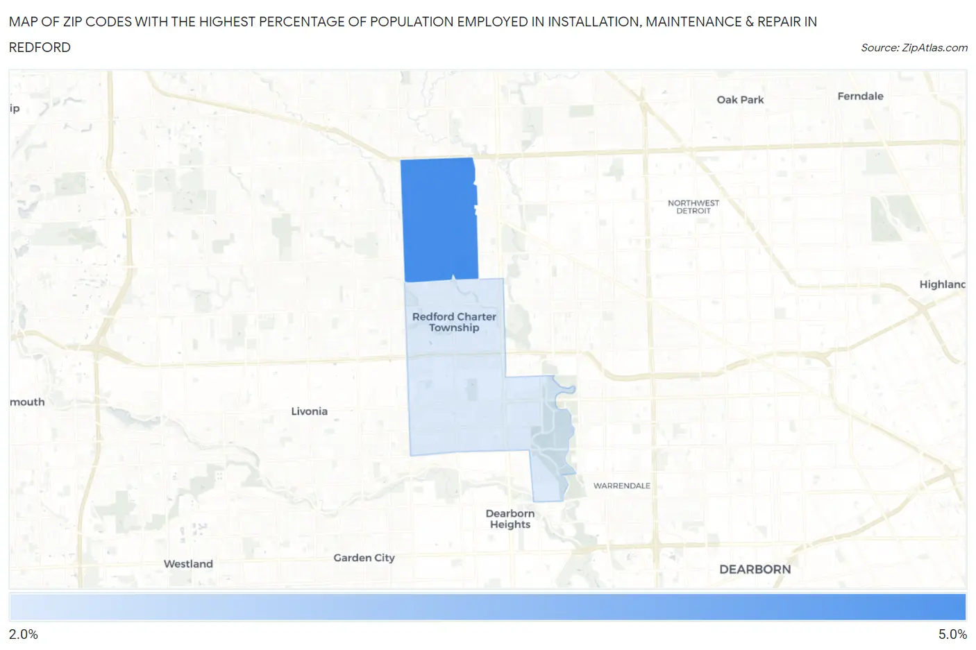 Zip Codes with the Highest Percentage of Population Employed in Installation, Maintenance & Repair in Redford Map