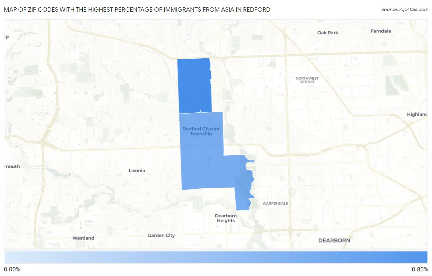 Zip Codes with the Highest Percentage of Immigrants from Asia in Redford Map