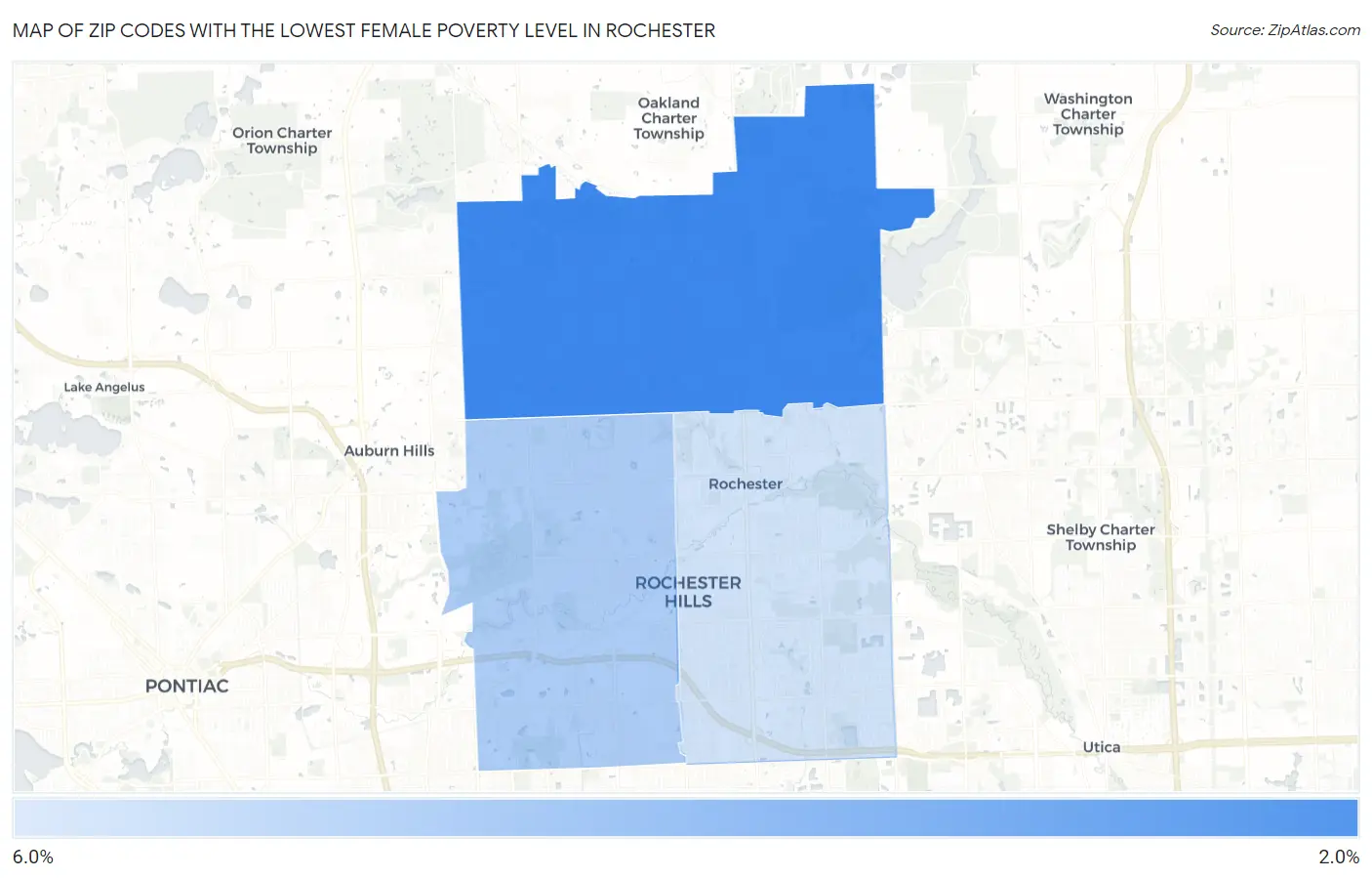 Zip Codes with the Lowest Female Poverty Level in Rochester Map