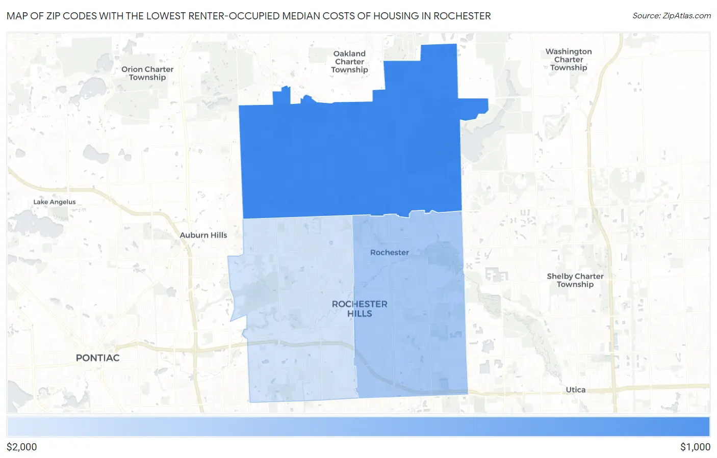 Zip Codes with the Lowest Renter-Occupied Median Costs of Housing in Rochester Map