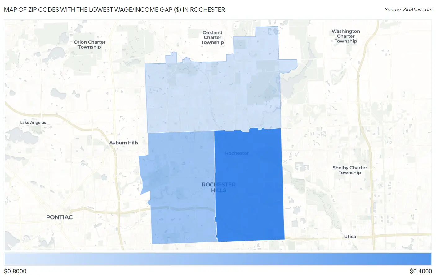 Zip Codes with the Lowest Wage/Income Gap ($) in Rochester Map